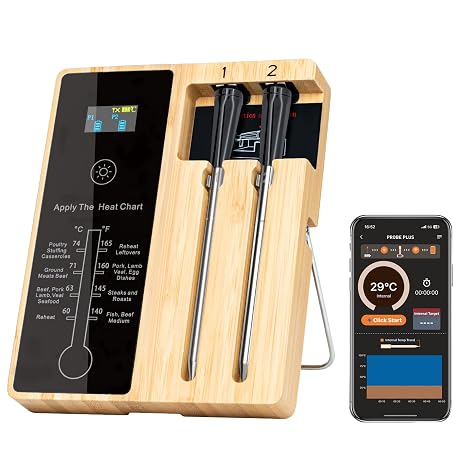 Mcbazel Wireless Smart Bluetooth Meat Thermometer,400FT Wireless Digital Meater Thermometer with LED Screen, IPX7 Waterproof Food Cooking Probe for Steak Meat for BBQ Grill Smoker Oven Kitchen-2 PCS