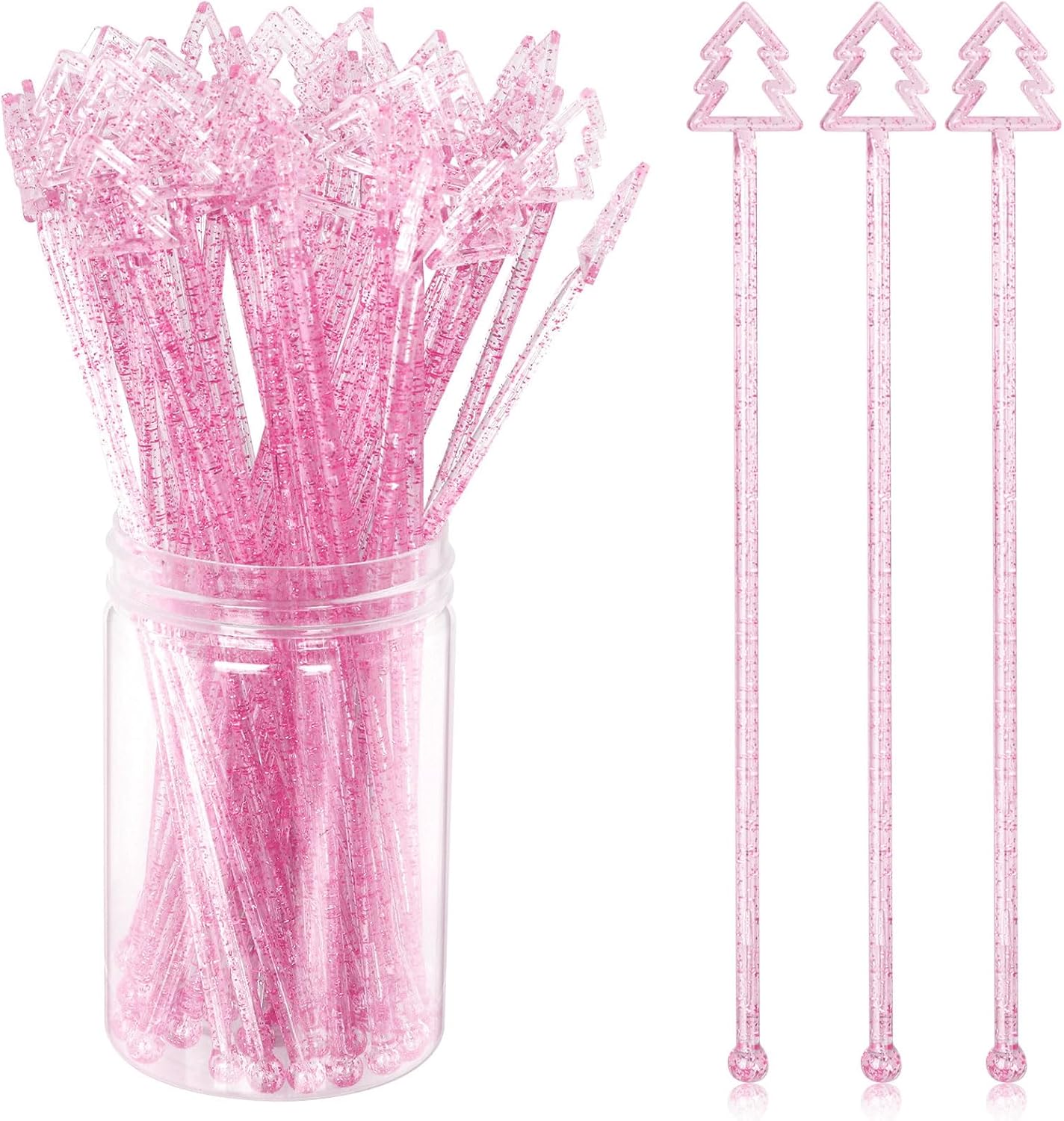 100 Pcs Christmas Drink Stirrers 7.28 Inch Christmas Coffee Stirrers Christmas Tree Top Swizzle Sticks Glitter Swizzle Plastic Sticks Disposable Cocktail Drink Sticks Crystal Cake Pops(Pink)