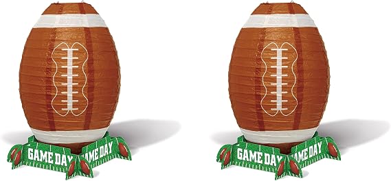 Beistle Football Lantern Centerpieces 2 Paper Sports Party Table Decorations with Brown and White Lace Detail, Green Cardstock Base for Tailgate Watch Parties and Athletic Celebrations, 11