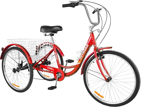 7 Speed 24/26" Adult Tricycle with 3 Wheels, Large Basket for Seniors, Women, Men Recreation, Shopping, Exercise 26"-Red