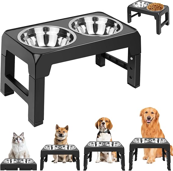 Raised Dog Bowl, Elevated Dog Food Water Bowls Protecting Spine with 4 Adjustable Height, 2x1200ml Stainless Steel Bowls, Non-Slip and No Spill for Small Medium Large Dogs (44cmx24cmx8/22/26/30cm)