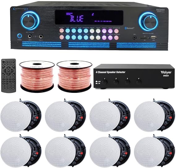 Home Theater System Kit - 2000 W Bluetooth Amplifier w/ 8 Qty of 6.5" Frameless Ceiling Speakers 200 W Each, 4-Ch Speaker Selector, 500 ft Speaker Wire & Remote for Home, Office, Bar - Vaiyer