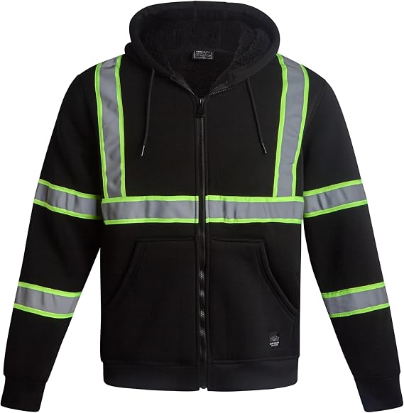 Bass Creek Outfitters Mens ANSI Class 3 Sherpa-Lined Hi Vis Hoodie (M-XXL) | Warm Brushed Fleece Safety Workwear, Reflective Tape, High-Visibility Comfort for Construction and Cold-Weather Jobsites