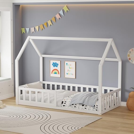 WestWood Wooden House Shaped Toddler Bed Frame, Montessori Kids Floor Bed with Half-Length Guard Rail, Children Single Bed Frame White