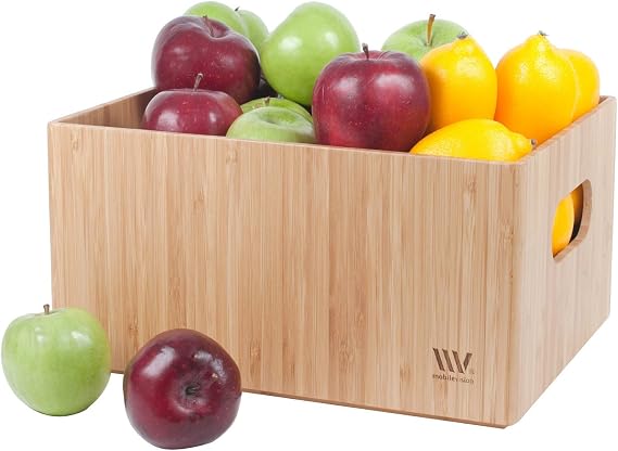 MobileVision Bamboo Storage Box Multi-Purpose Organizer for Kitchen Supplies Holder, Fruit Bin, Cabinets, Pantry with built in handles, stackable, 12 x 9 x 6 With White Clip Included