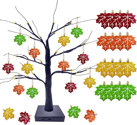 16 Pcs Thanksgiving Ornaments and Halloween Tree Set Black LED Light-Up Tree with Wooden Maple Leaf Party Decor for Fall Decor Christmas Decorations for Home, DIY Crafts,Shelf or Holiday Display