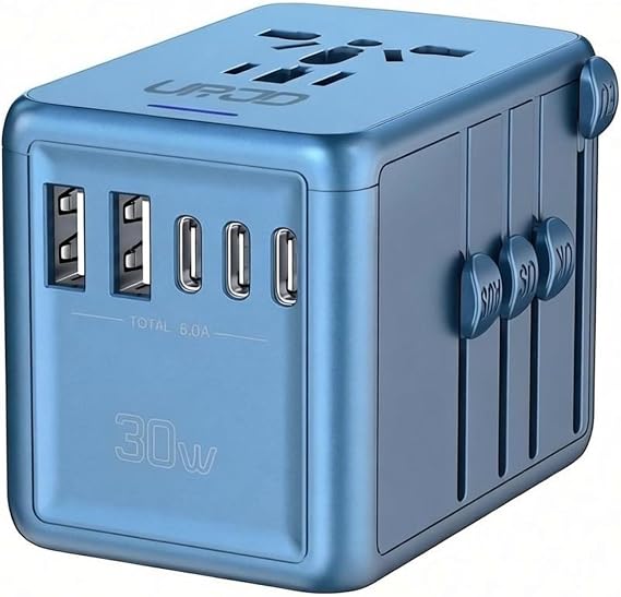 Universal Travel Adapter with 5 USB C/A Ports 30W Fast Charging, Blue