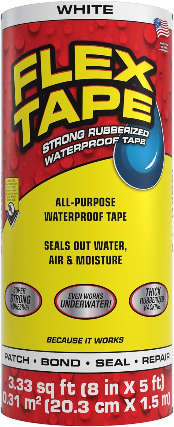 Flex Tape, Original Thick Flexible Rubberized Waterproof Tape - Seal and Patch Leaks, Works Underwater, Indoor Outdoor - Home RV Roof Plumbing and Pool Repairs, White, 8 in x 5 ft, Pack of 1