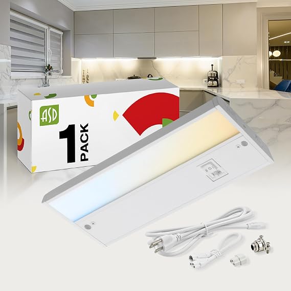 ASD LED Under Cabinet Lighting Plug in or Hardwired 9 Inch, Dimmable Under Cabinet Lights with High/Low/Off Switch, 3CCT 2700K-4000K, Linkable Under Counter Lights for Kitchen, ETL Listed, White