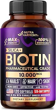 Biotin 10000 mcg with Silicon - Pharmaceutical Grade Biotin Supplement for Women - Hair Growth Support, Skin & Nails - Max Strength & 100% Bioavailability - Lab Tested - 120 Softgels, 120 Days Supply