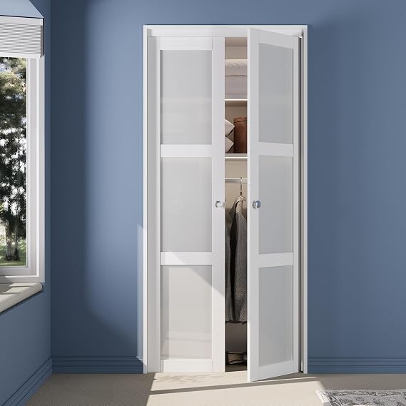 Pivot Swing Doors for 30" x 80" Opening, 3-Lite Tempered Frosted Glass Closet Door with Pivot Hardware, MDF Panel Interior Double Doors, Bifold Door Alternative - White