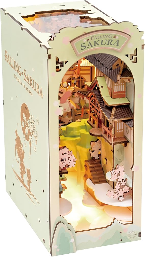 Rowood Book Nook Kits for Adults,3D Wooden Puzzle Bookend,Bookshelf Decor Insert Alley,DIY Miniature Booknook Model Craft Kits for Adults,Gifts with LED on Birthday Christmas(Falling Sakura)