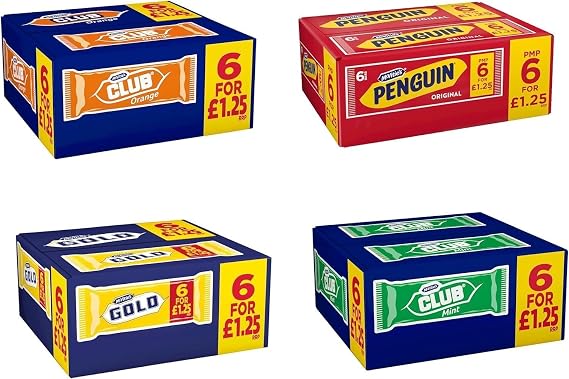 6 x 6 Milk Chocolate Biscuit Bars Multipack, Gold, Club Mint, Club Orange, Penguin (Full box) (Club Orange) Delicious Tasty And Twisty Treat