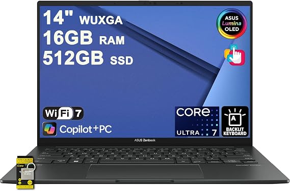 ASUS Zenbook 14 Laptop 14" WUXGA OLED Touch (500nits HDR, 100% DCI-P3) Intel 16-core Ultra 7 255H (>Ultra 9 185H) 16GB RAM 512GB SSD for Creator Business Professional Win11 ICP Acc