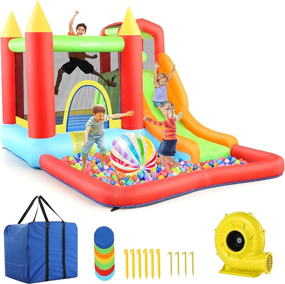 Bounce House for Kids, Inflatable Bouncer House with Air Blower, Bouncy Castle with Slide, Pool, Climbing Wall, Bouncing Area, Ball Pit, Basketball Hoop Jumping House for Party Ages 3-10