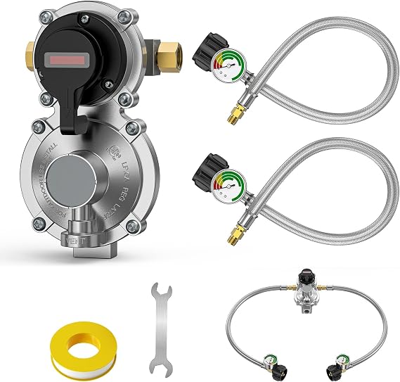2-Stage LP Propane Regulator with 18" Braided Pigtail Propane Hoses & Gauge, Dual Propane Tank Connection Kit with QCC1 1/4" Inverted Male Flare, for Campers, Trailers, RVs