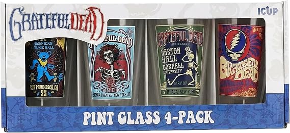 ICUP Grateful Dead Pint Glass 4-Pack, 16 oz Collectible Glassware Set with Vintage Concert Poster Designs for Deadheads & Music Fans