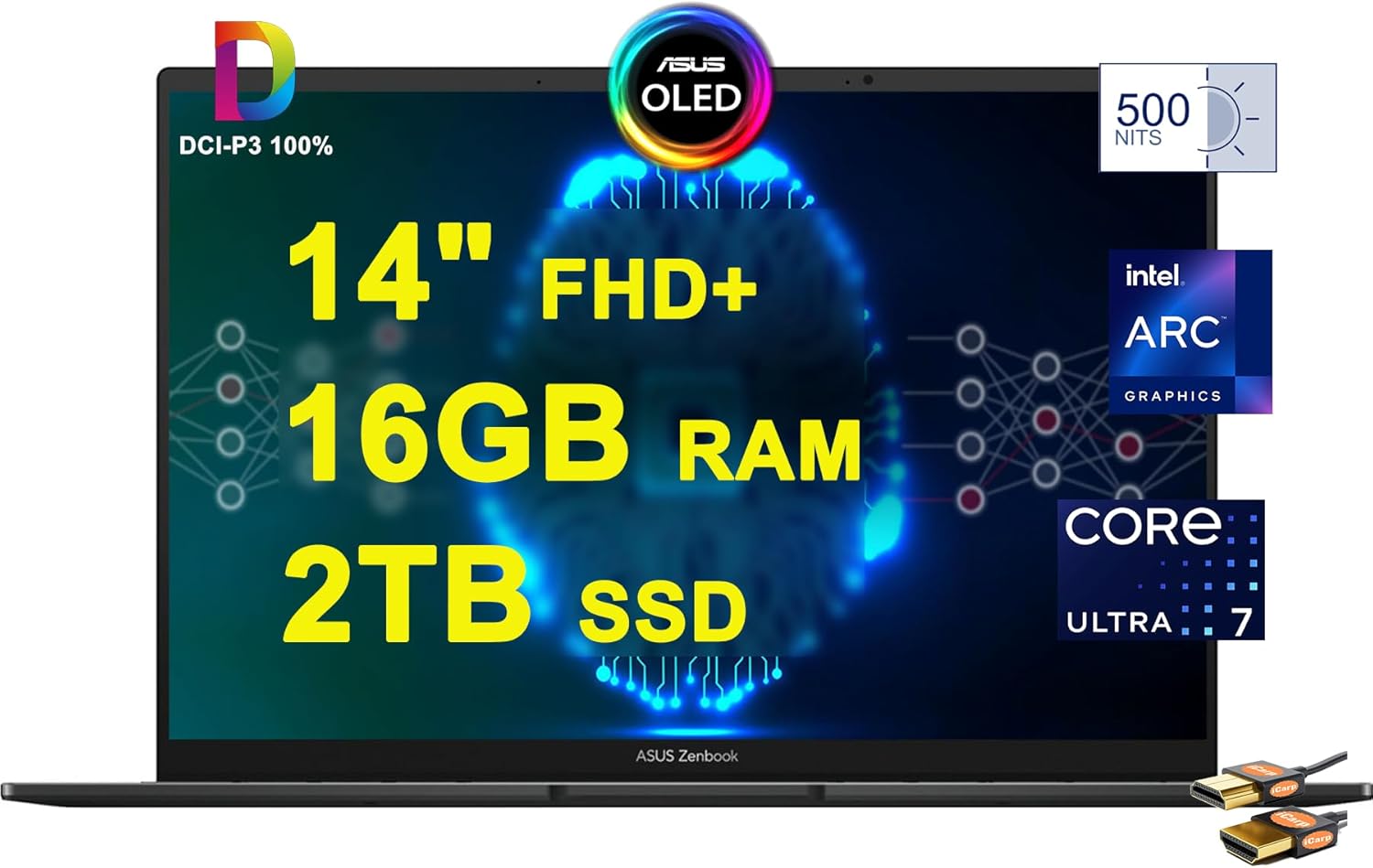 ASUS Zenbook 14 OLED Copilot AI PC Laptop 14 FHD Lumina OLED Touch 500nits, 100% DCI-P3, Glossy Intel 16-core Ultra 7 155H 16GB RAM 2TB SSD Backlit Thunderbolt Harmankardon Win11  HDMI Cable