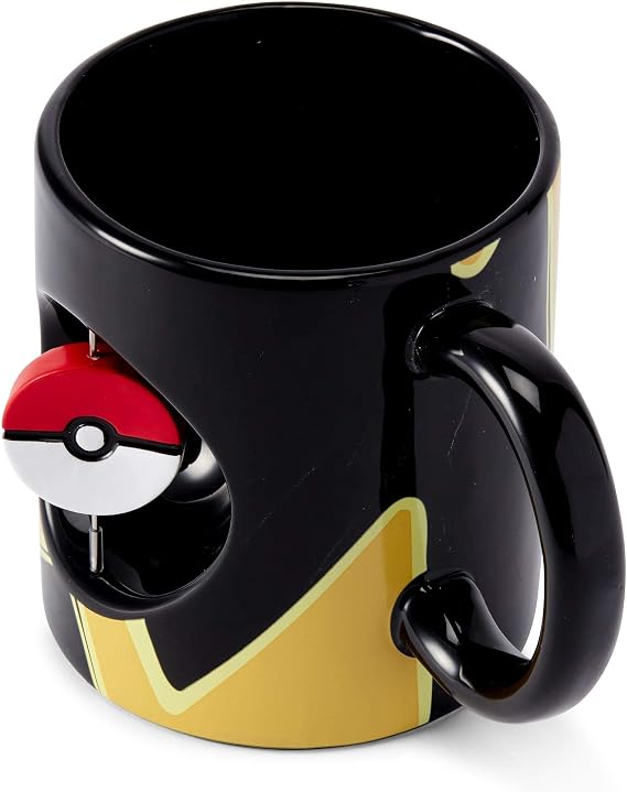 Official Pokemon Mug - 16.9-Ounce Black Ceramic Cup for Hot Coffee, Tea, Cocoa - Novelty Drinkware w/ Pokeball Spinner - Features Pikachu - Perfect for Home, Office, Parties - Licensed Merchandise