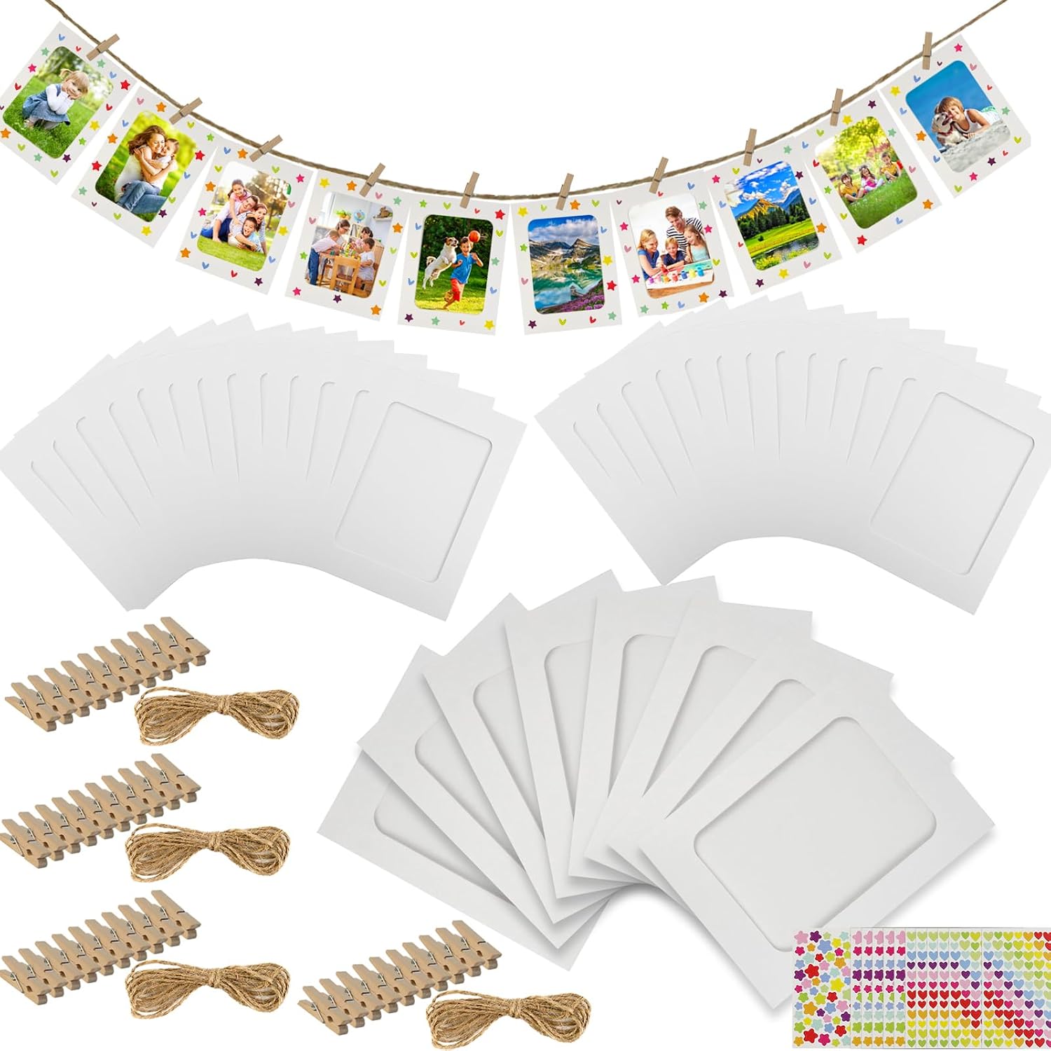 LEFIMOT 100 Pack Paper Picture Frames 4x6in, DIY Cardboard Photo Frames Hanging Display with 100 Clips and 10 Strings, Paper Photo Frame Art Display Frame with 12 Stickers for Wall Decor (White)