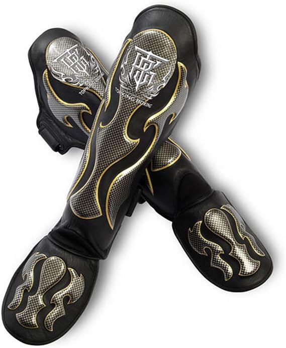 Top King Boxing Muay Thai Shin Guards Protector Protection (Empower Black, XL)