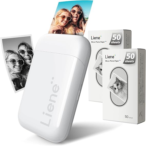 Liene 2x3 Photo Printer, Mini Portable Picture Printer 105 Sticky Paper (100 Mono Paper & 5 Zink Paper) Bluetooth 5.0, Compatible w/iOS & Android, Small Phone Printer for iPhone, Smartphone, White