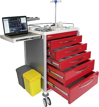 All-Aluminum Medical Rolling Crash Cart, Mobile Trolley Nursing Cart with 5 Tiers Drawers, Silent Casters, Adjustable IV Pole, CPR Board, Trash Bin, O2 Holder, for Clinic, Hospital, Lab