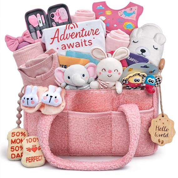 30 Pcs Premium Baby Girl Gift Basket, Pink Newborn Essentials Set & Baby Registry Search Idea, Gender Reveal, Baby Shower & Hospital Welcome Care Package for New Mom, Includes Blanket, Clothes & More