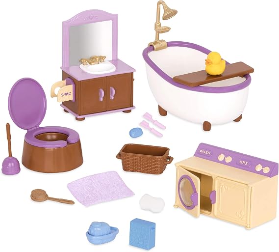 Li'l Woodzeez Bathroom & Laundry Set, Dollhouse Furniture Playset, Playsets | Toy bathroom and laundry set with sink, toilet, bath, washer-dryer and accessories; cottage and characters sold, 3+ Years