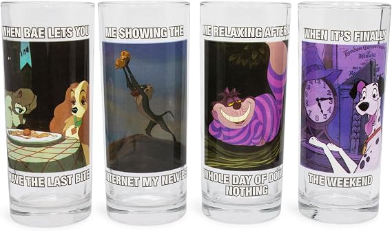 Silver Buffalo Disney Meme Set Featuring Lion King, Alice in Wonderland, Lady and the Tramp, and 101 Dalmatians 4pc Tumbler Glass Set, 10 Ounces