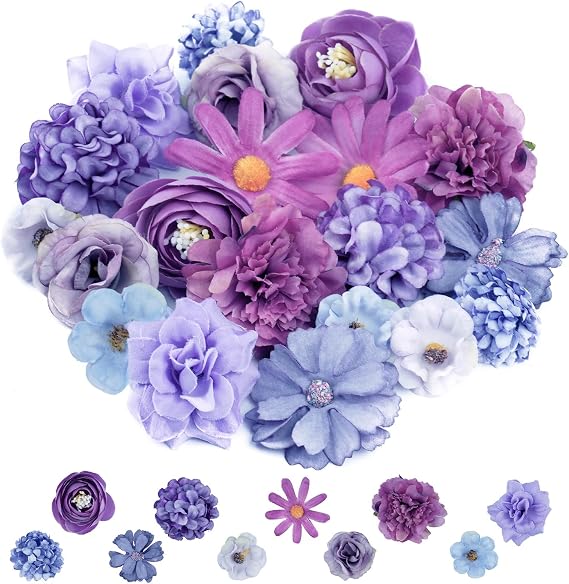 20 PCS Artificial Flower Heads, Realistic Flowers for Cake Decoration with 10 Styles, Silk Purpl Flower Heads for DIY Crafts, Hair Accessories, Cake Deco, Gift Wrapping, Wedding & Home Decor (Purple)