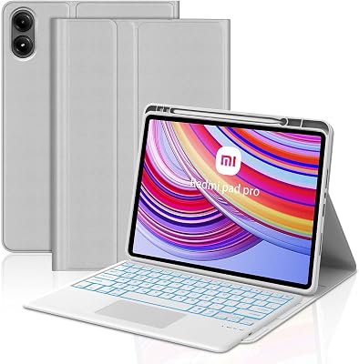 IVEOPPE Touchpad Keyboard Case for Xiaomi Redmi Pad Pro 12.1 Inch 2024, 7 Colors Backlight Wireless Bluetooth Trackpad PU Folio Stand Cover Case with Pen Holder, Auto SleepWake Up, Long Battery,Grey