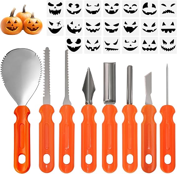 8 PCS Halloween Pumpkin Carving Tools Kit for Halloween Decoration Jack-O-Lanterns, Stainless Steel Sculpting Tool Carving Kit for Adult, Pumpkin Cutting Carving Tools with 20 Stencils