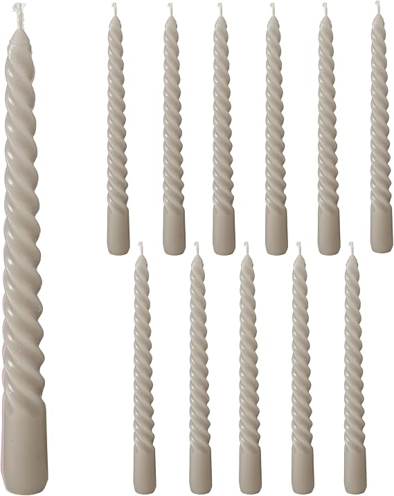 12 Piece Matte Grey Twist Taper Candles, 2 Boxed Sets of 6, 4 Hours Burn Time, Paraffin Wax, 7.75 Inches