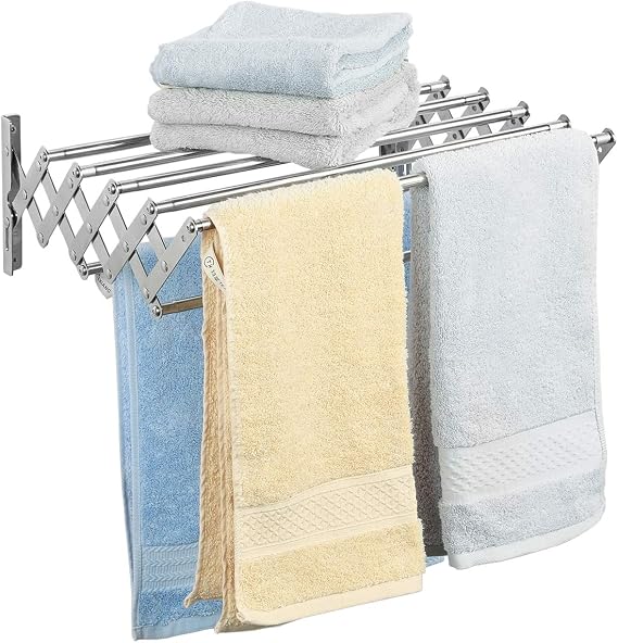 Ogrmar Stainless Steel Space-Saving Towel Rack Wall Mounted Retractable | Towel Wall Mounted Drying Rack Retractable Huge Capacity Drying Rack for Hanging Towels Clothes & Bathroom Essentials