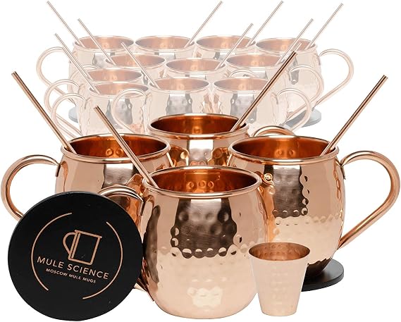 Mule Science Authentic Moscow Mule Copper Mugs Set of 16 (16oz) | Solid Barrel 100% Copper Cups Set w/ 16 Straws, 16 Coasters & 2 Shot Glasses | Handcrafted Tarnish-Resistant Food Grade Lacquer Coat