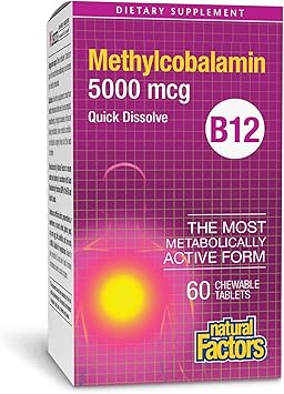 Natural Factors, Vitamin B12 Methylcobalamin 5000 mcg, Chewable Support for Energy and Immune Health, Vegetarian, 60 tablets (60 servings)