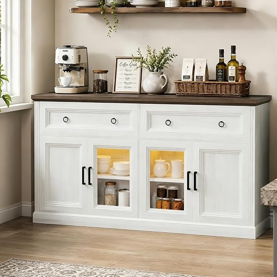 63'' Sideboard Buffet Cabinet with Power Outlet, Antique White | 2 Drawers, Farmhouse Buffet Table with LED Lights, Transparent Doors, Adjustable Shelves, Modern Credenza & Coffee Bar