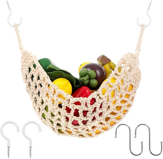 Hanging Fruit Hammock with Hooks Under Cabinet Macrame Basket for Kitchen Hand-Woven Boho Fruit Holder Net Organization Banana Basket for Home Dining Room Cabinet Decor Boat Camper Rv