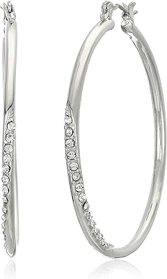 GUESS Silvertone Crystal Glass Stone Front Hoop Earrings