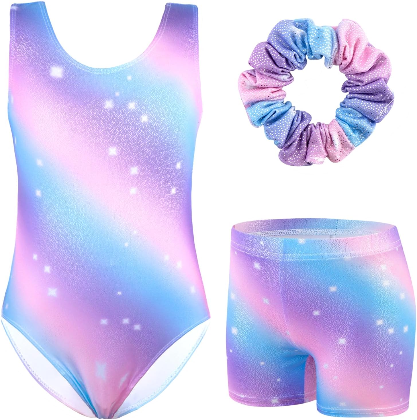 XiaoMoSha Girls 3 Piece Gymnastics Leotards Set with Shorts and Hairband Sleeveless Sparkly Dance Gymnastics Athletic Outfits for Ballet 3-12 Years Girls