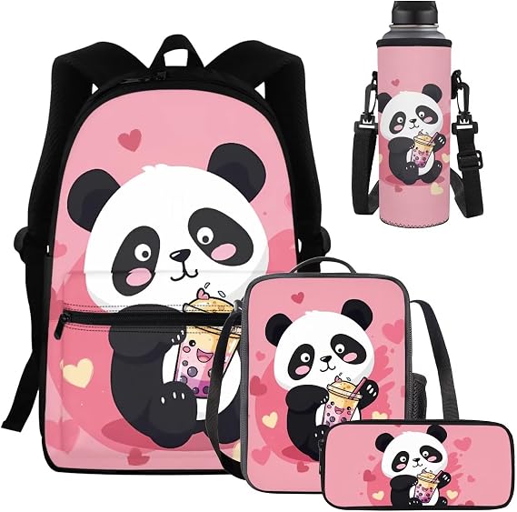 Pink Panda School Backpack Kids Bookbag with Lunch Box for Girls School Bags with Pencil Case and Bottle Holder Set of 4 School Daypack Travel Bag Satchel Bagpack Back to School Accessories