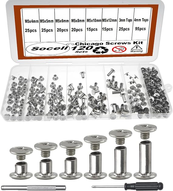 120Sets Chicago Screws Kit,Socell 6 Sizes Chicago Screws for Leather,Binding Screws Leather Rivet kit for Crafts, Clothing, Shoes, Belts, Bags, and Custom-Made Items(Silver, M5*4,5,6,8,10,12)