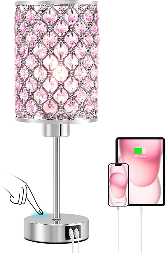 Crystal Table Lamp, Pink Touch Lamp with USB C+A Ports, 3 Way Dimmable with Crystal Shade for Bedside Girl Bedroom Living Room(Buld Included) [Energy