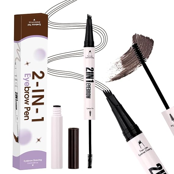 2-in-1 Makeup Eyebrow Pen with Powder: Dark Brown, for Grooming & Shaping Eyebrow, Waterproof, Ultra-Fine 4 Micro-Fork Tip, Powder for Shaping, Filling, and Decorating Brows, M-RM-X0