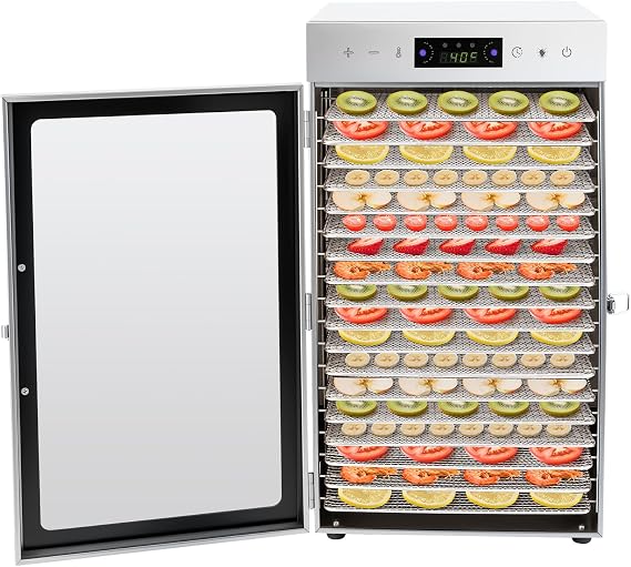 18-Tray Food Dehydrator Machine, Stainless Steel 18 Trays Fruit Dehydrator with 0-24 H Adjustable Timer & LED Light, 800W Food Drying Machine for Fruits Vegetables Herbs & Mushroom