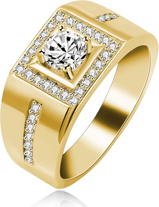 Uloveido 8mm Gold-Plated Men's Wedding Band Ring Comfit Fit Unique Square Design with Sparkling Round CZ Stone, Ideal for Engagement Anniversary or Special Occasions