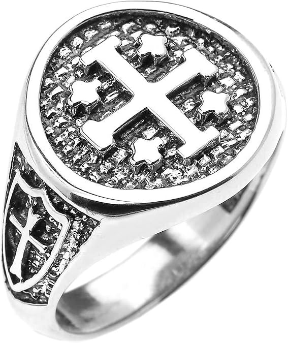 925 Sterling Silver Knights Templar Shield Crusader Band Jerusalem Cross Ring for Men