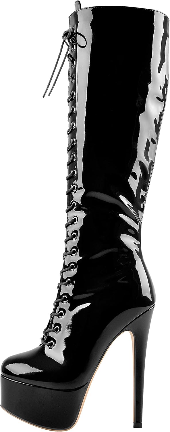 LISHAN Women's Fashion Stiletto Heels Platform Lace Up Knee High Boots