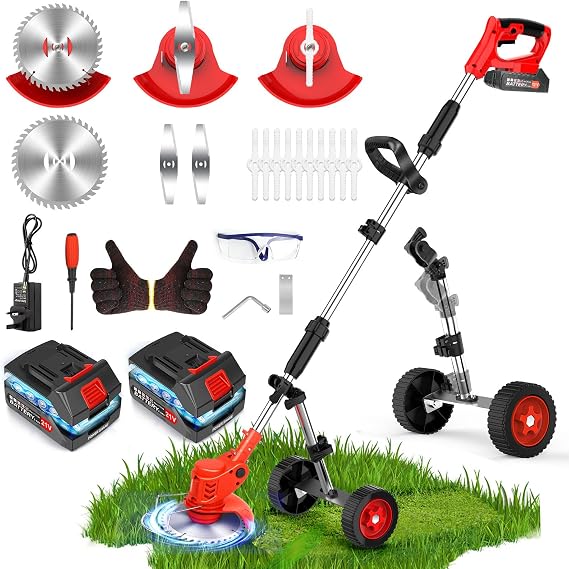 Electric Weed Wacker Cordless with Wheel, 4 in 1 Weed Eater Battery Powered Brush Cutter String Trimmer Edger, 4000mAh Stringless Weed Trimmer Lightweight Grass Trimmer Mower, 2 Battery and Charegr